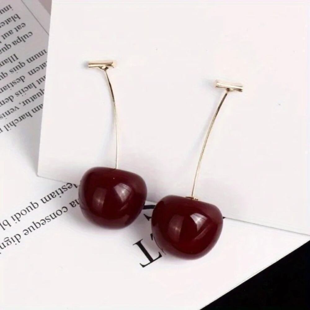 NEW Long Cherry Drop Earrings – Cute Red Fruit Dangle Statement Jewelry - Picture 2 of 5